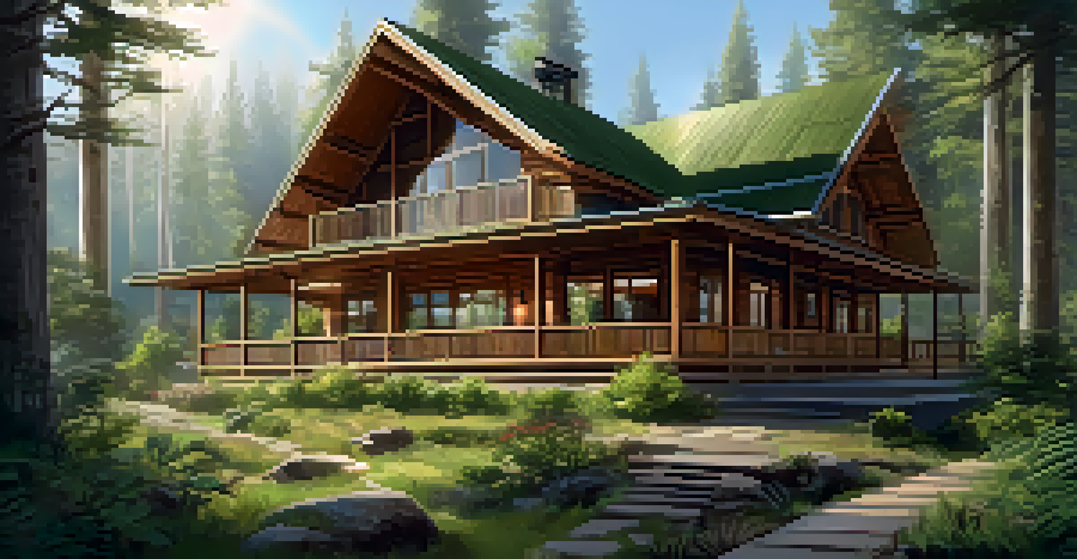 An eco-lodge in a national park made of wood, surrounded by trees and plants, with solar panels and a welcoming porch.