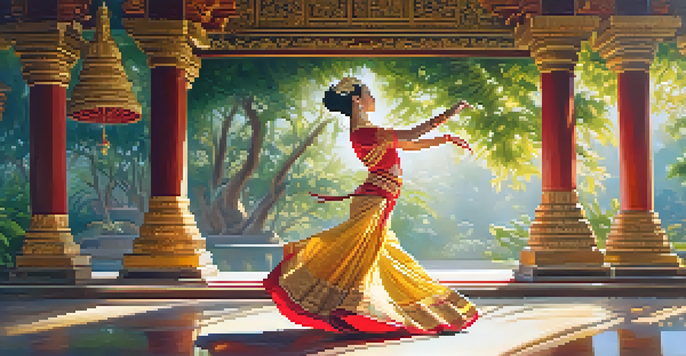A Thai dancer in traditional attire performing in a temple, showcasing intricate movements and expressions, with a lush green background.