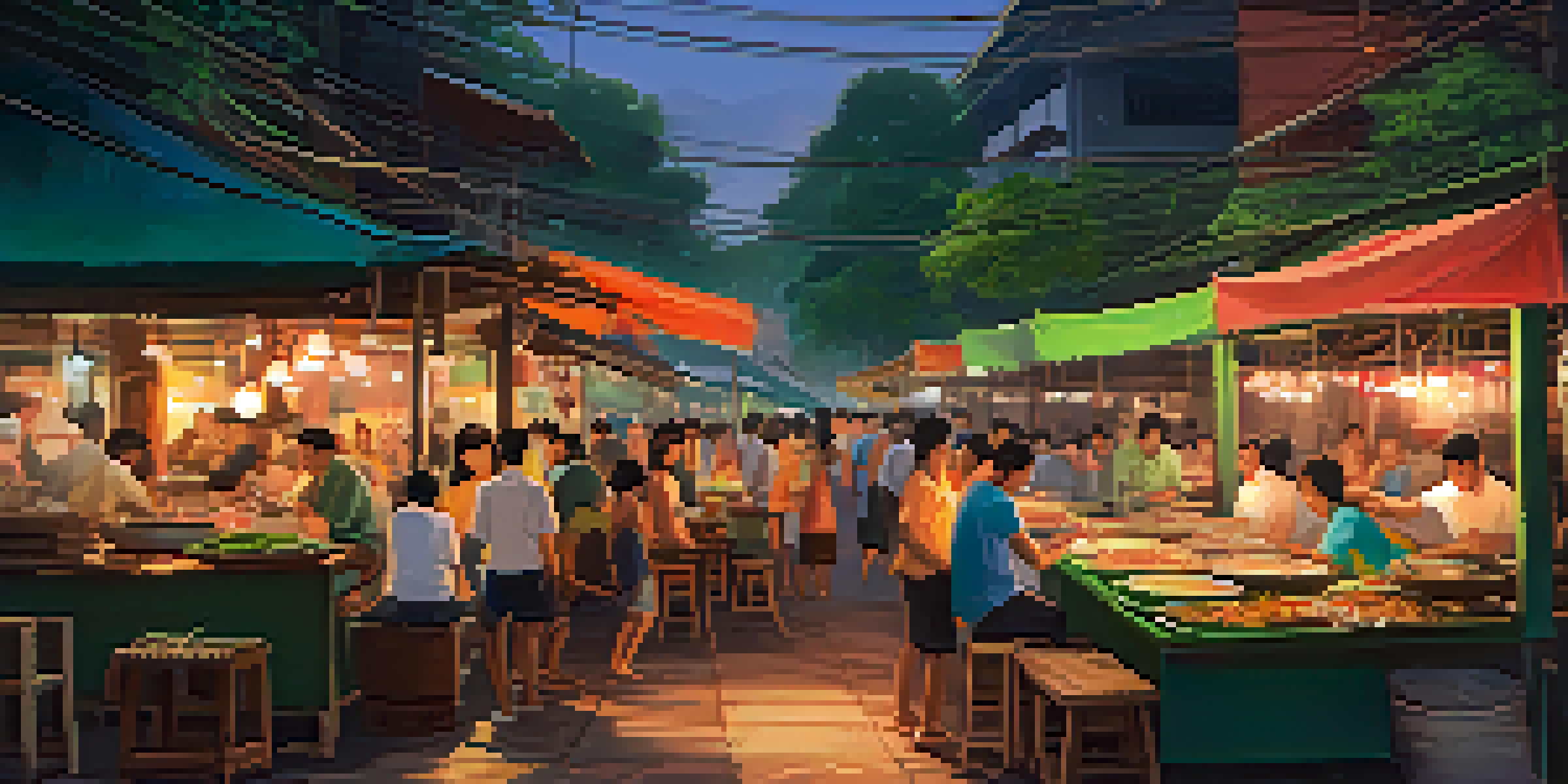 A lively street food market in Thailand with colorful food stalls and people dining together under warm lights.