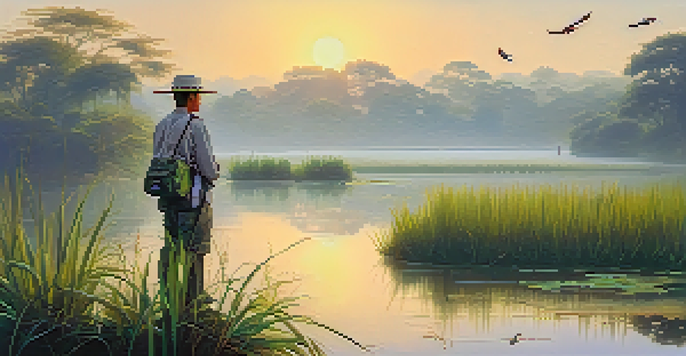 A birdwatcher in Thailand's wetlands at dawn, holding binoculars, with mist over the water and colorful birds in the background.