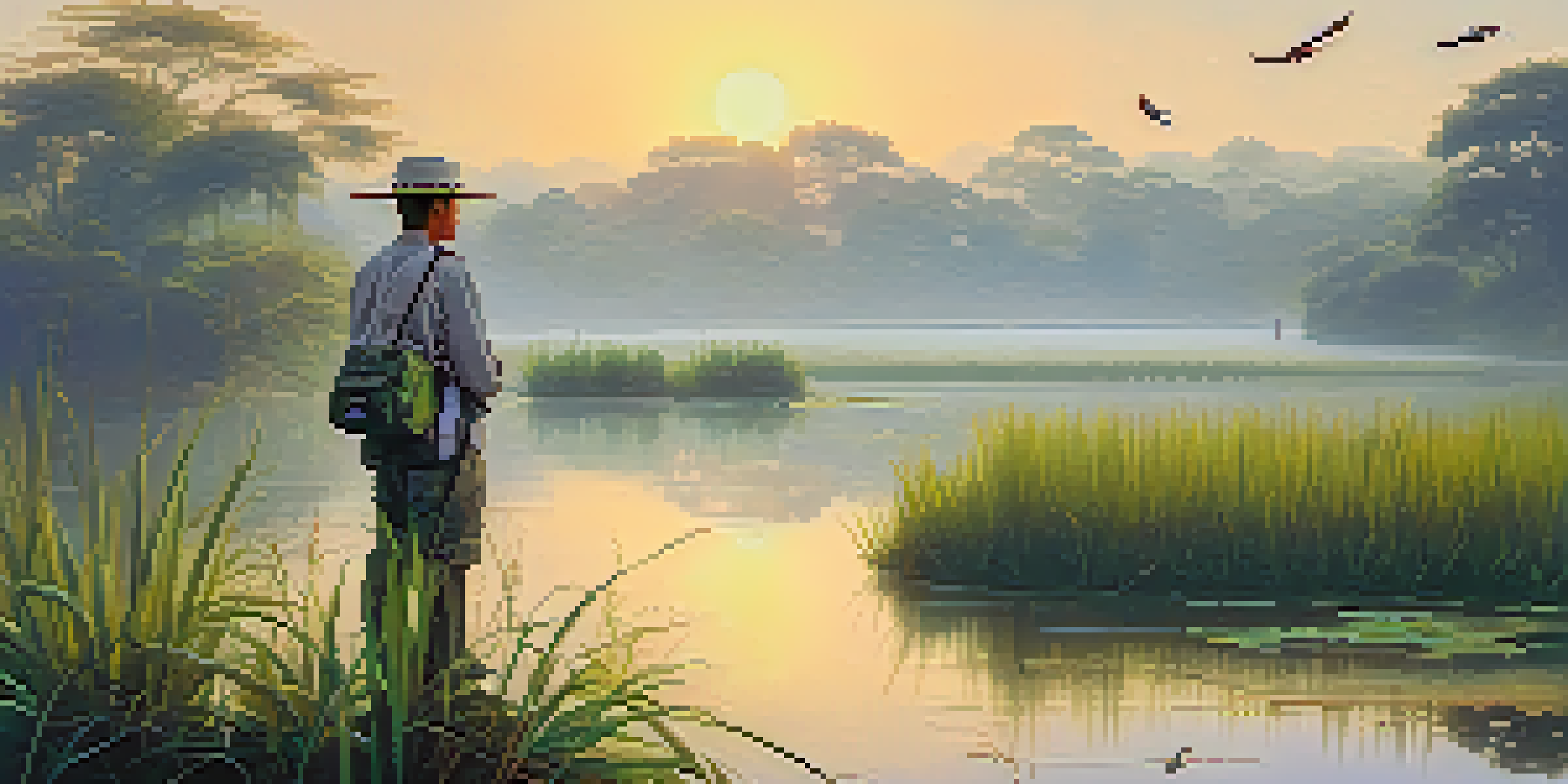 A birdwatcher in Thailand's wetlands at dawn, holding binoculars, with mist over the water and colorful birds in the background.