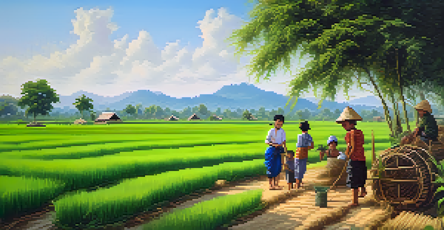Travelers engaged in agricultural activities in the rural rice fields of Isaan, surrounded by lush greenery and local children playing.