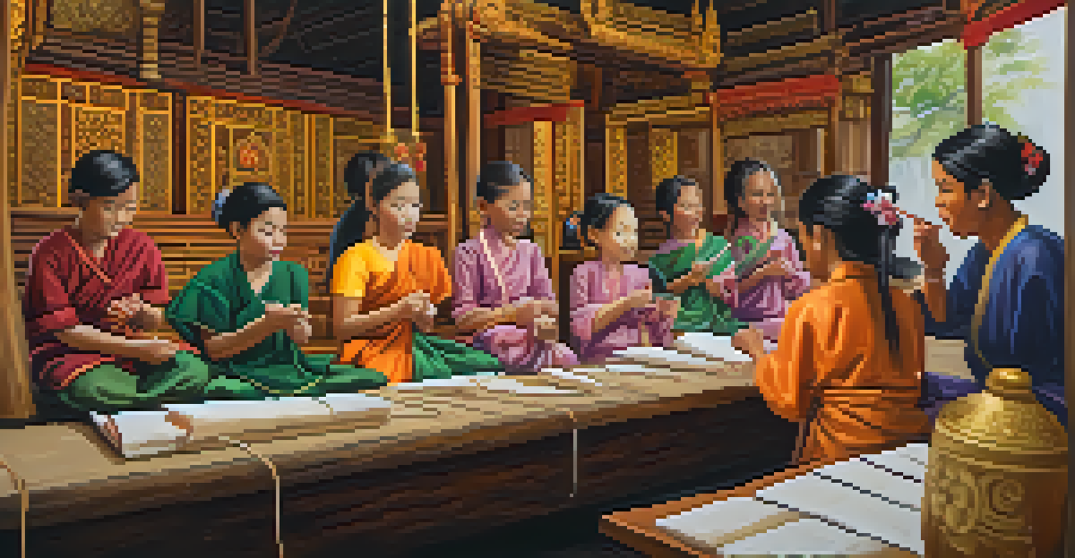 Participants manipulating intricate Thai puppets in a workshop, surrounded by traditional Thai art and decorations.