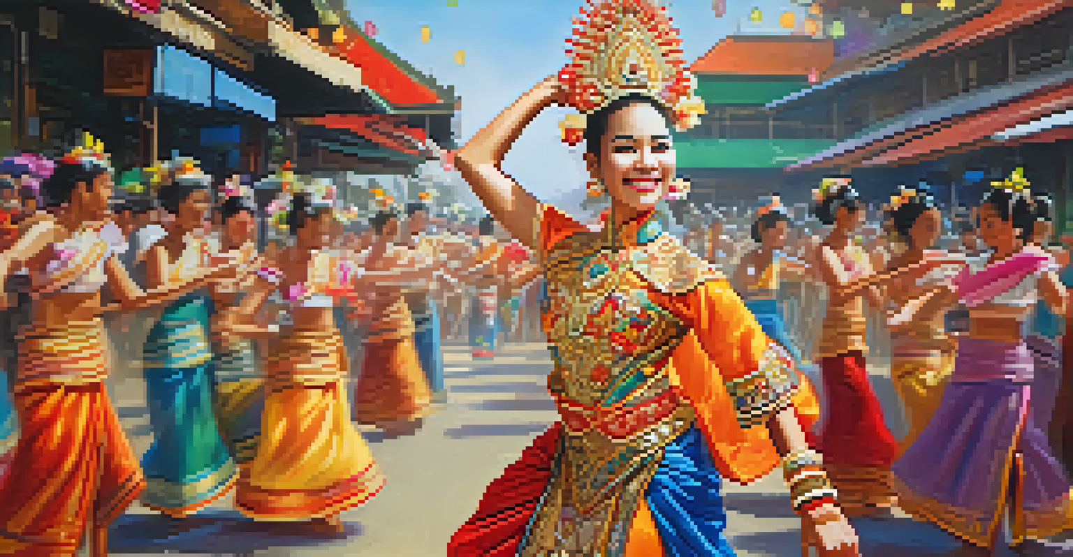 A traditional Thai dancer in colorful costume performing during the Songkran festival.
