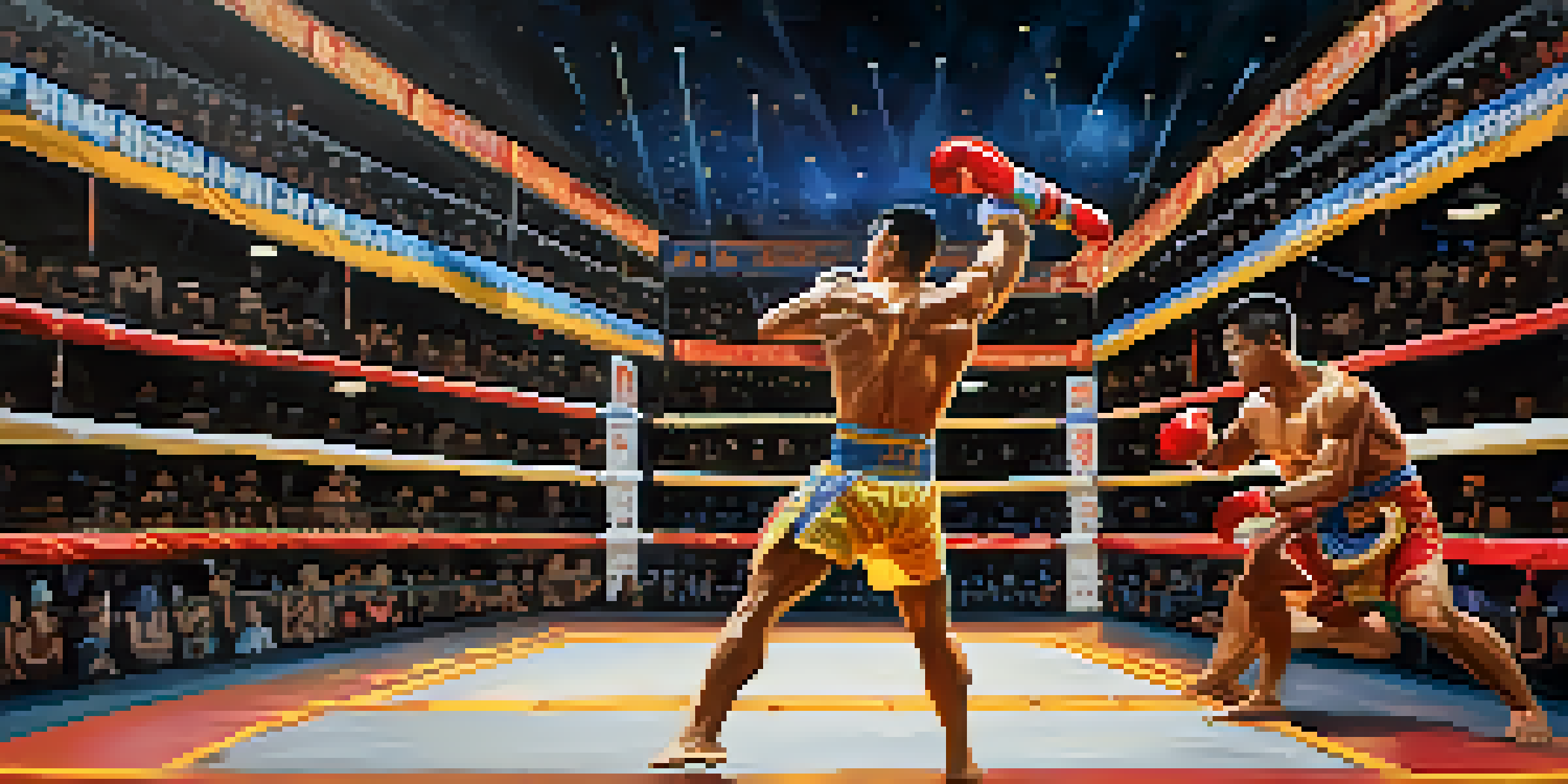 A lively outdoor Muay Thai match with fighters in action and a cheering crowd in the background.