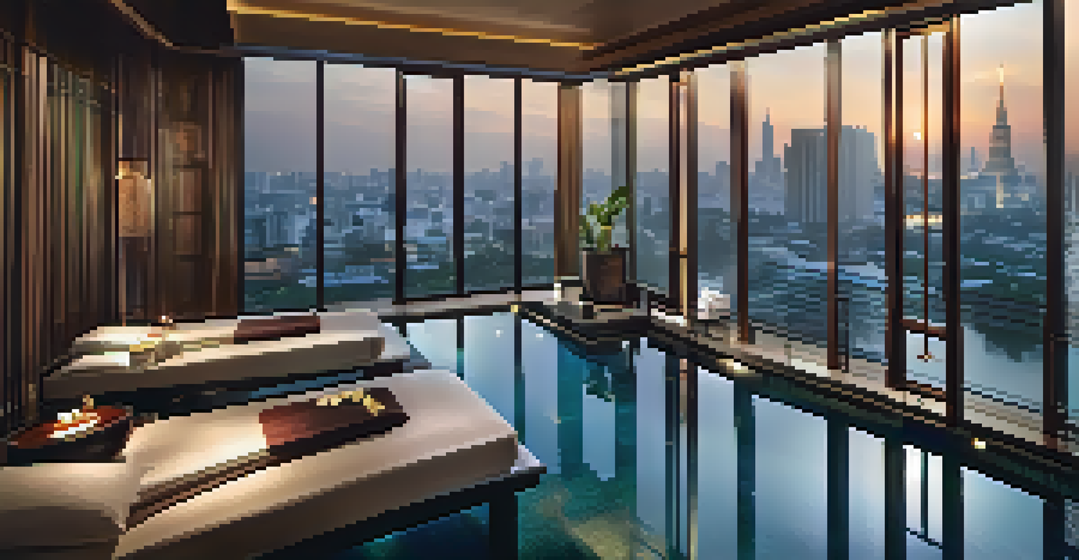 A luxurious spa suite in Bangkok with city skyline views, modern elegance, and traditional Thai design elements.