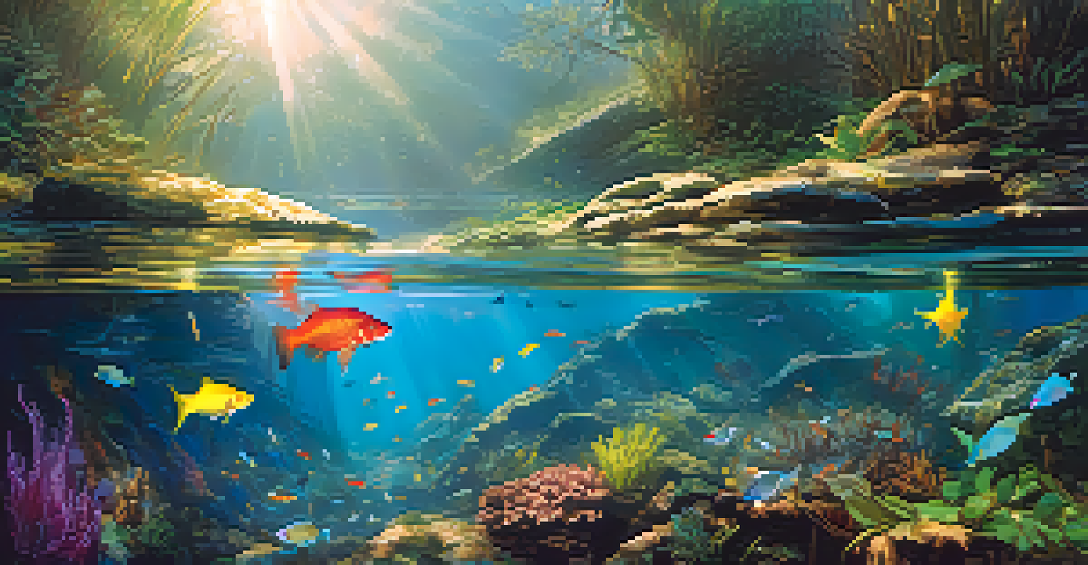 An underwater view of the Mekong River, filled with colorful fish and aquatic plants.