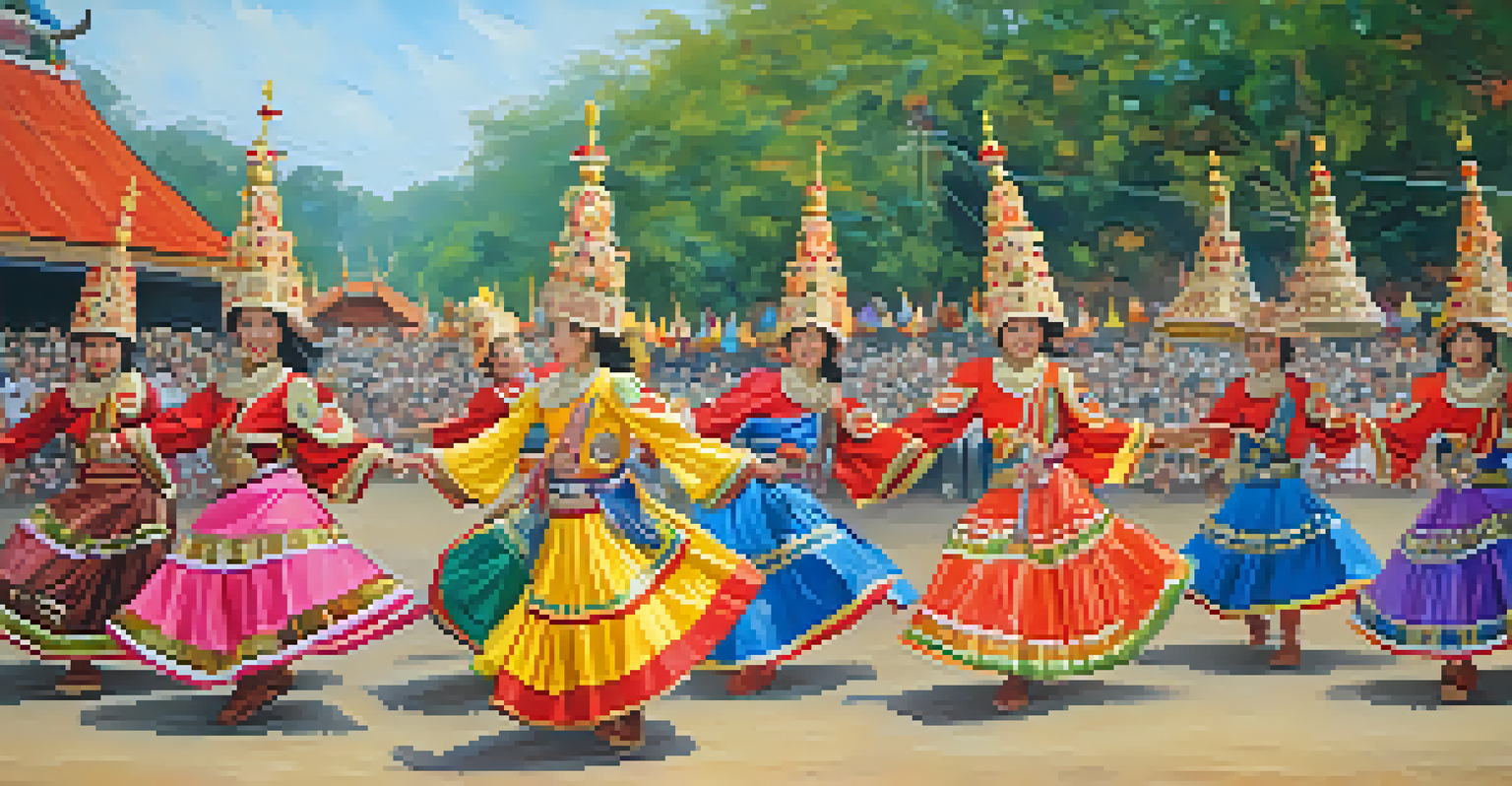 A dynamic group of dancers in colorful traditional costumes performing at the Phi Ta Khon Festival, surrounded by an enthusiastic audience.