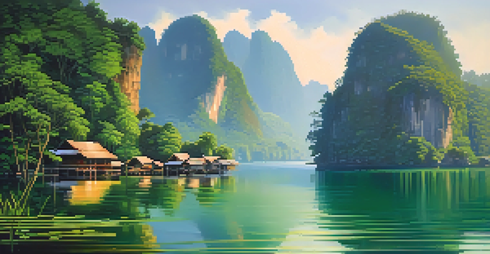 A peaceful lake scene at Cheow Lan Lake with floating bungalows and limestone cliffs reflecting in the water during sunrise.