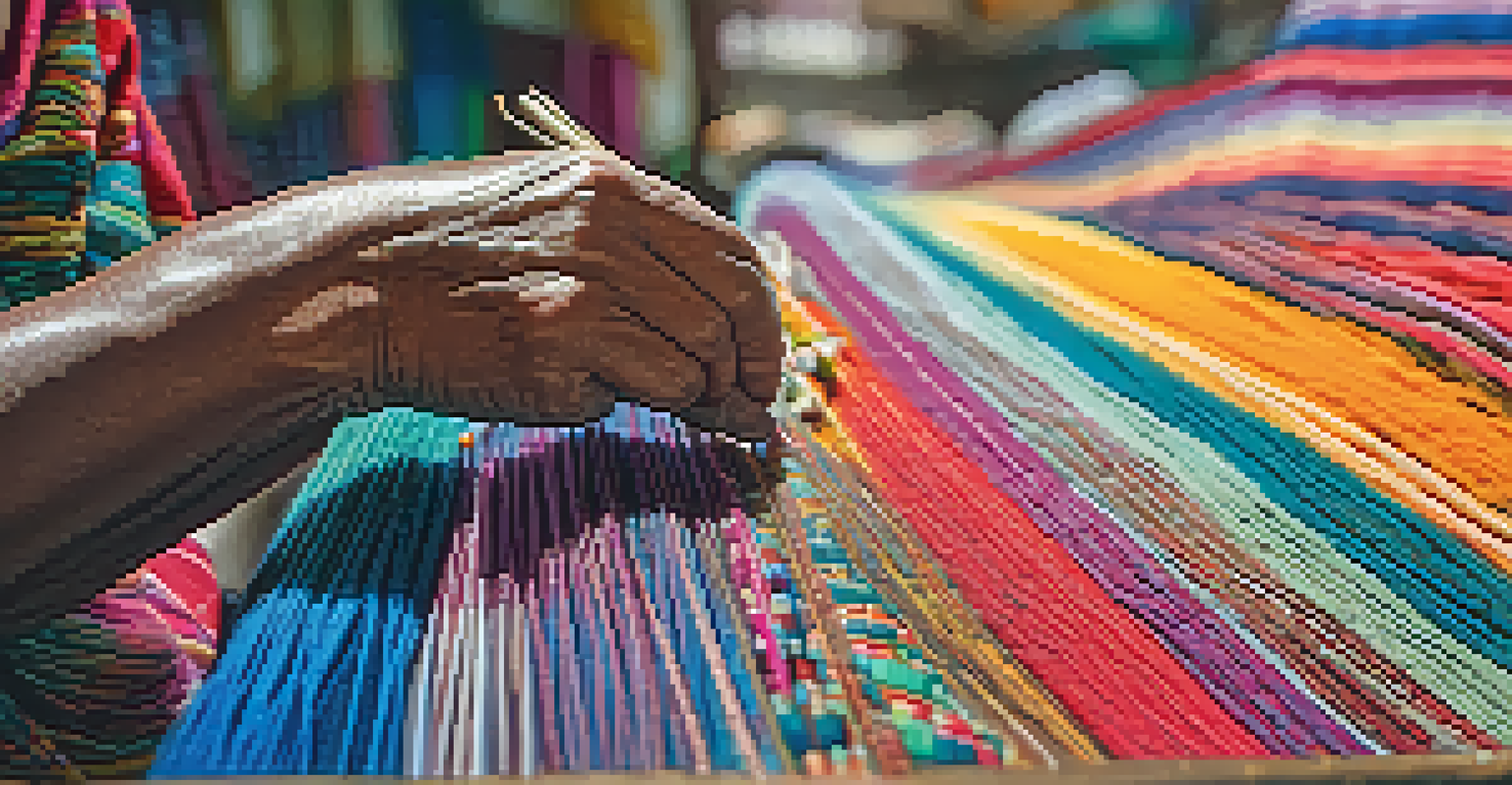 An artisan weaving vibrant textiles at a market in Pai, Thailand, showcasing intricate patterns and textures under soft natural light.
