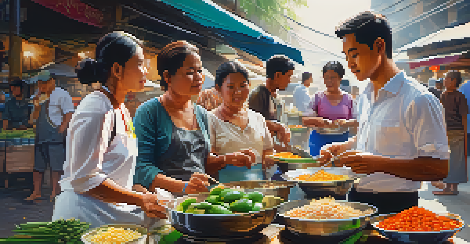 A small group of people on a street food tour in Thailand, watching a vendor prepare traditional dishes.