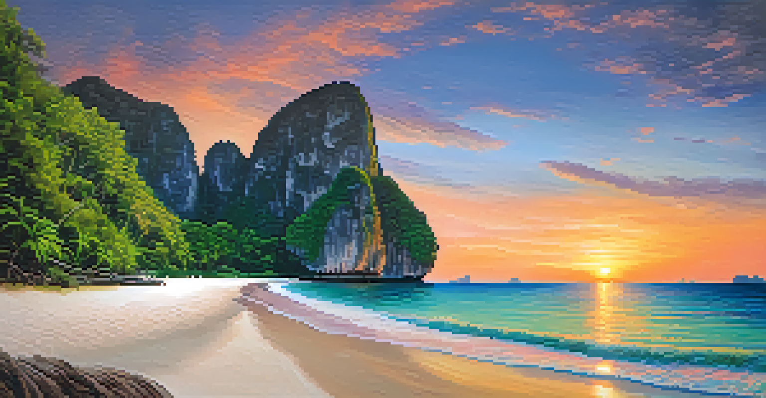 A stunning sunset over Koh Phi Phi, showcasing dramatic cliffs and a peaceful beach scene.