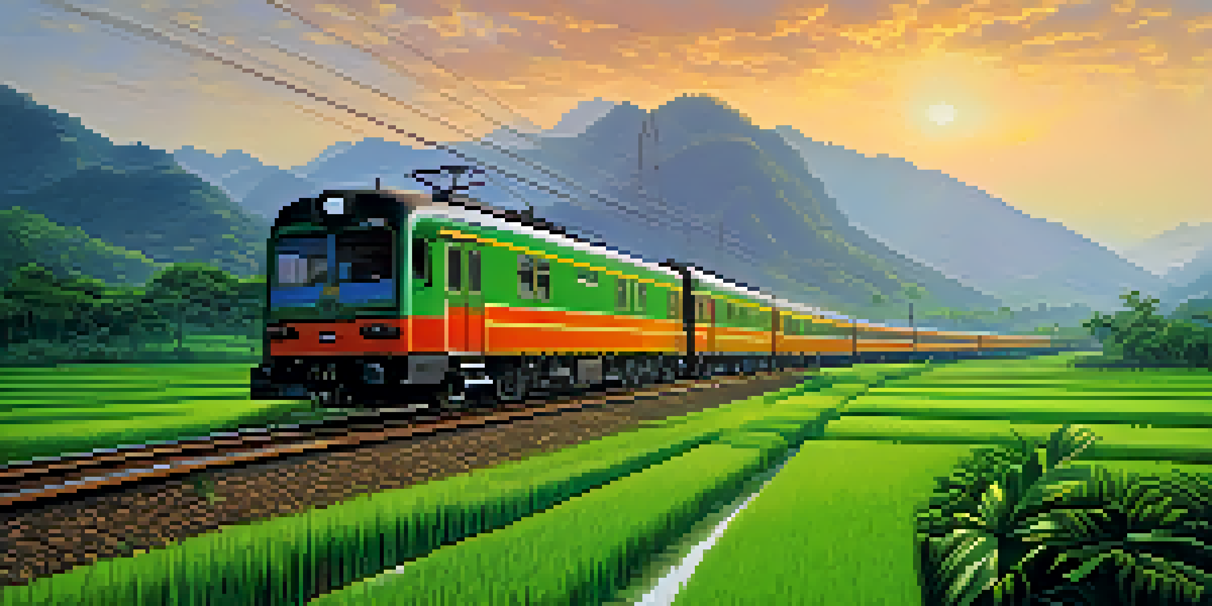 A colorful train journeying through green valleys and mountains in northern Thailand under the warm morning light.