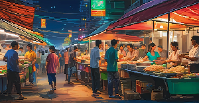 A lively Bangkok street food market at night, filled with colorful food stalls and people enjoying their meals under bright neon lights.