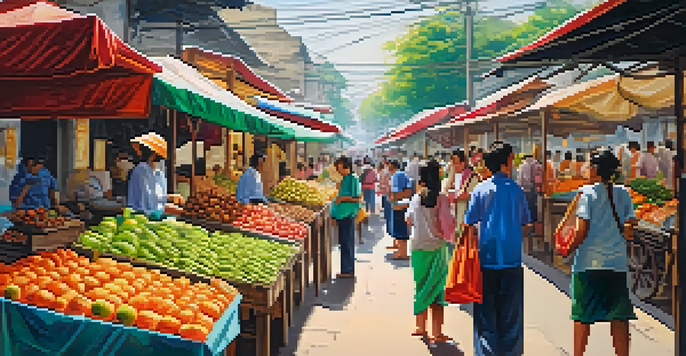 A busy outdoor market in Thailand with colorful stalls, fresh produce, and street food vendors under a sunny sky.