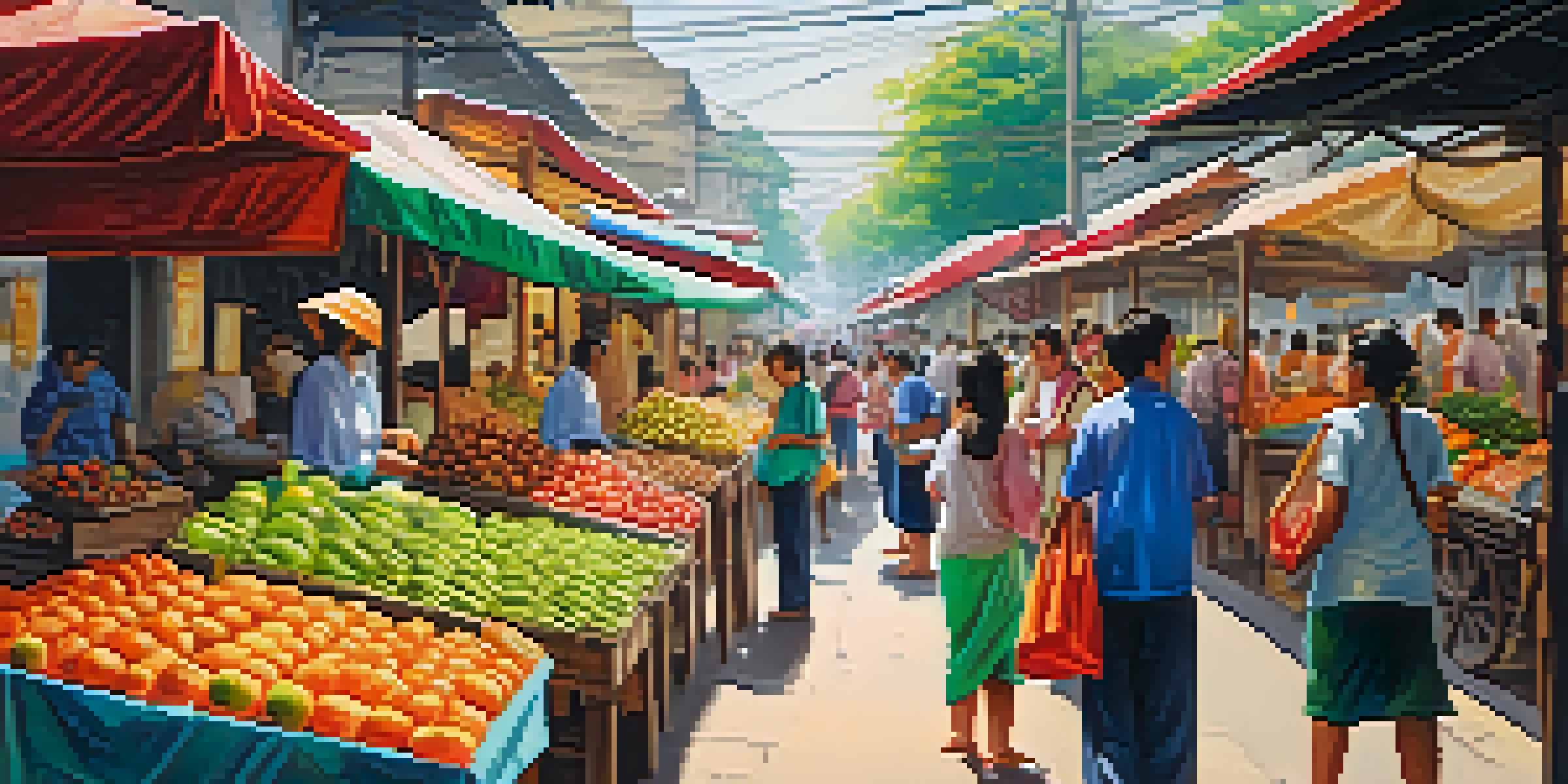 A busy outdoor market in Thailand with colorful stalls, fresh produce, and street food vendors under a sunny sky.