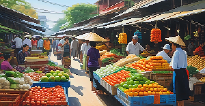 A lively Thai market filled with colorful stalls and shoppers bargaining with vendors under warm sunlight.
