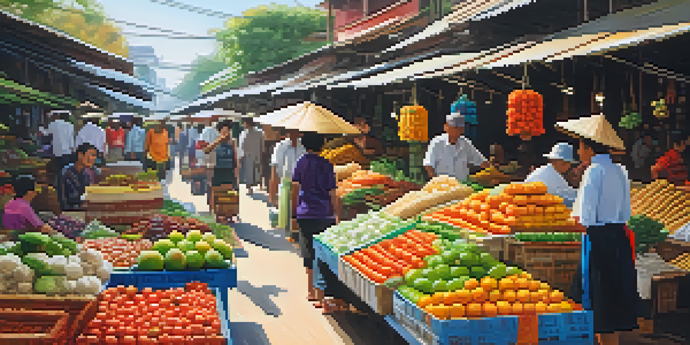 A lively Thai market filled with colorful stalls and shoppers bargaining with vendors under warm sunlight.