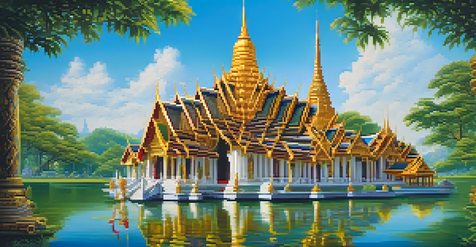 A traditional Thai temple with detailed murals, surrounded by greenery and blooming lotus flowers under a blue sky.