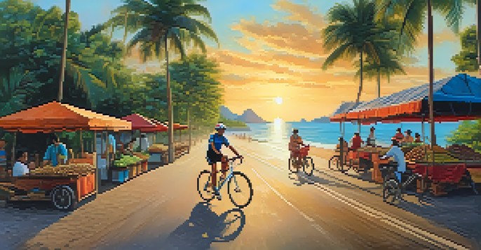 A cyclist riding along a coastal road in Thailand during sunset, with market stalls and palm trees around.