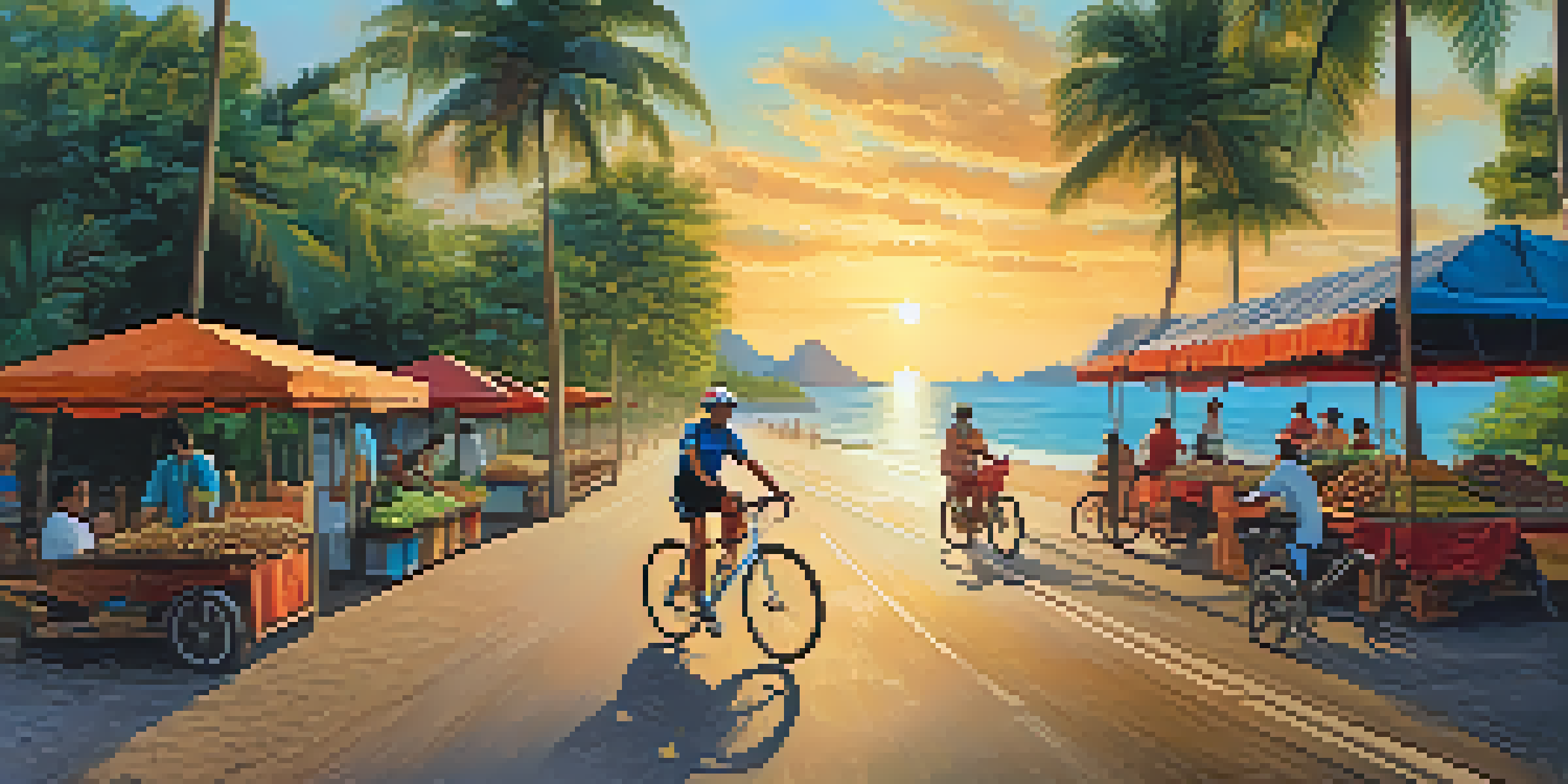 A cyclist riding along a coastal road in Thailand during sunset, with market stalls and palm trees around.