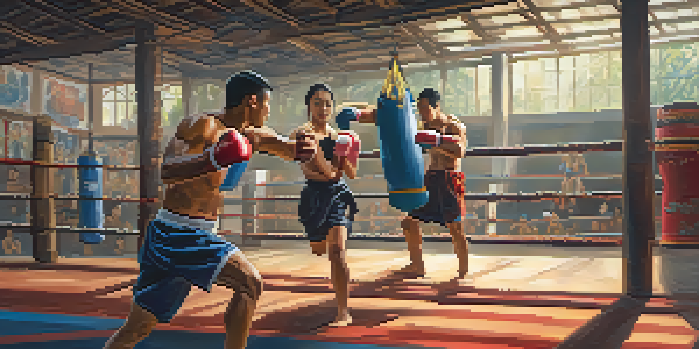 A diverse group practicing Muay Thai in a traditional Thai gym with vibrant murals and natural light.