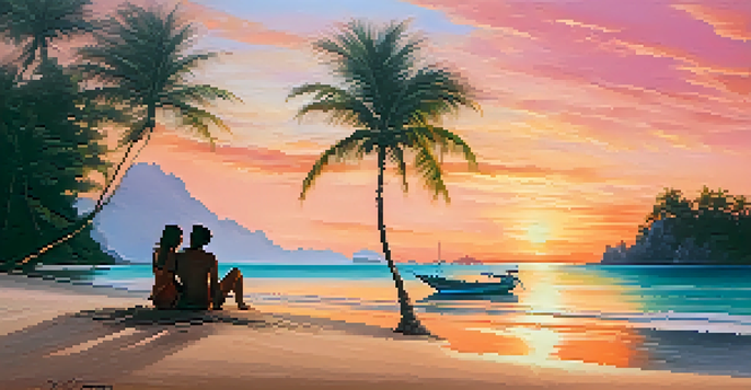 A couple sitting on the beach during sunset, with vibrant colors in the sky and palm trees around them.
