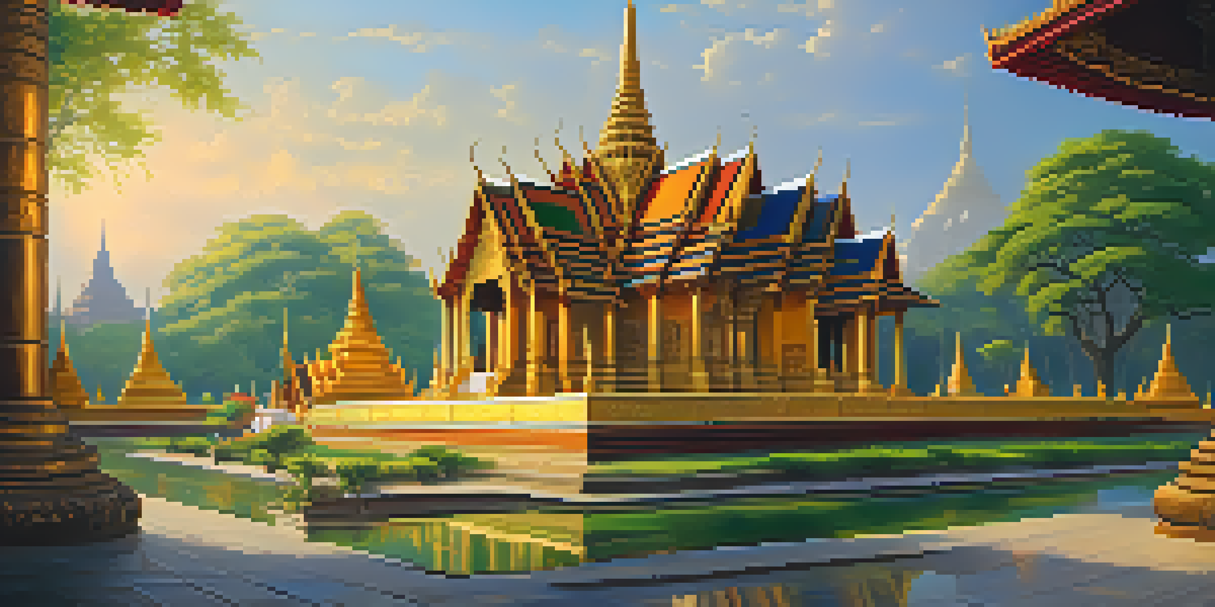 A view of Wat Phra Kaew with intricate architecture, golden stupas, and worshippers in respectful attire under golden hour light.