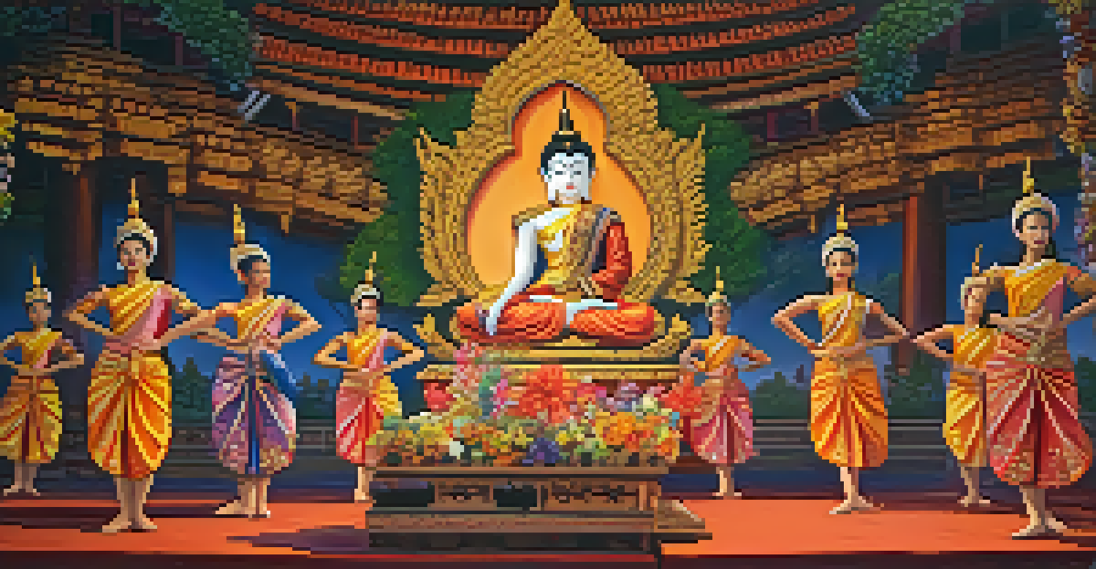 A traditional Thai dance performance at a Buddhist festival with dancers in colorful costumes on a beautifully decorated stage.