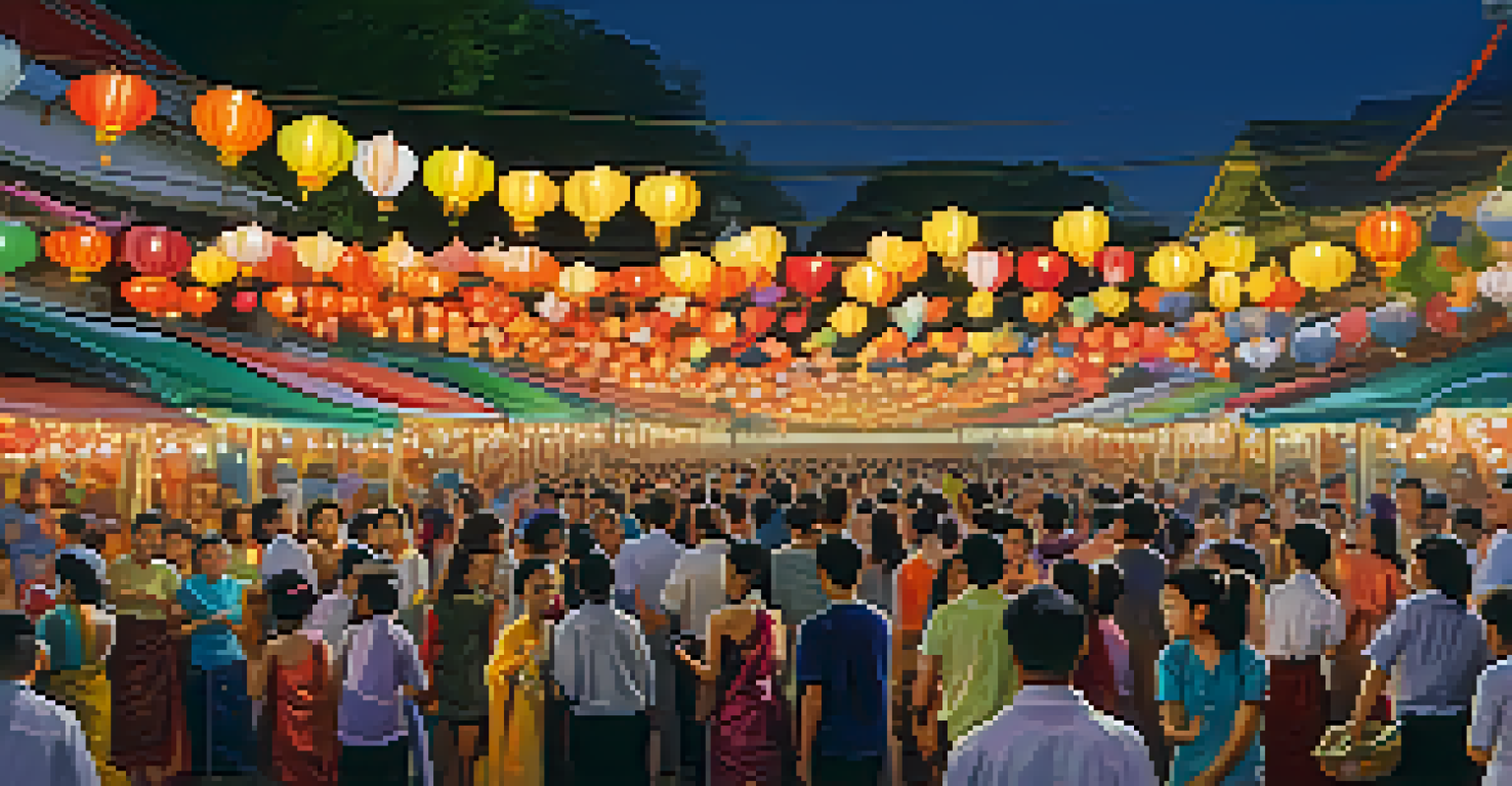 A vibrant festival scene in Thailand with people enjoying traditional music and dance under colorful lanterns.