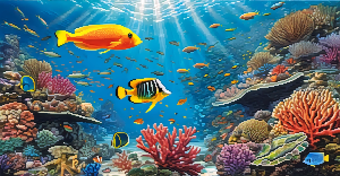 A colorful underwater coral reef in Thailand, teeming with various fish and sea turtles, illuminated by sunlight.