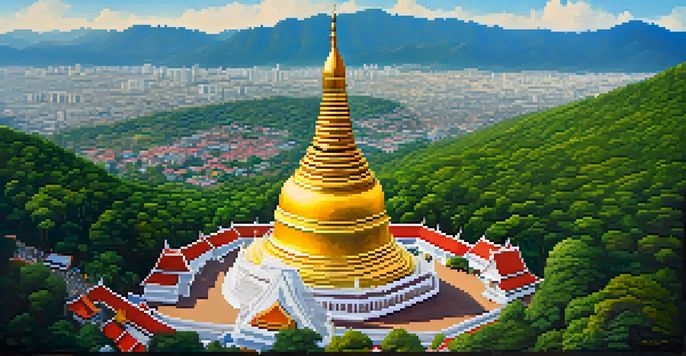 A breathtaking view of the golden stupa of Wat Phra That Doi Suthep against a backdrop of green mountains and a clear blue sky, with visitors walking on a winding path.