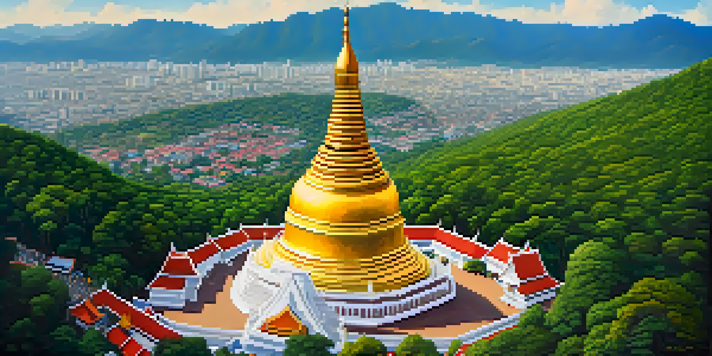 A breathtaking view of the golden stupa of Wat Phra That Doi Suthep against a backdrop of green mountains and a clear blue sky, with visitors walking on a winding path.