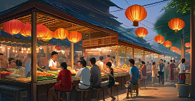 A colorful Thai street food market at dusk, filled with various food stalls and people enjoying their meals, surrounded by warm lighting.