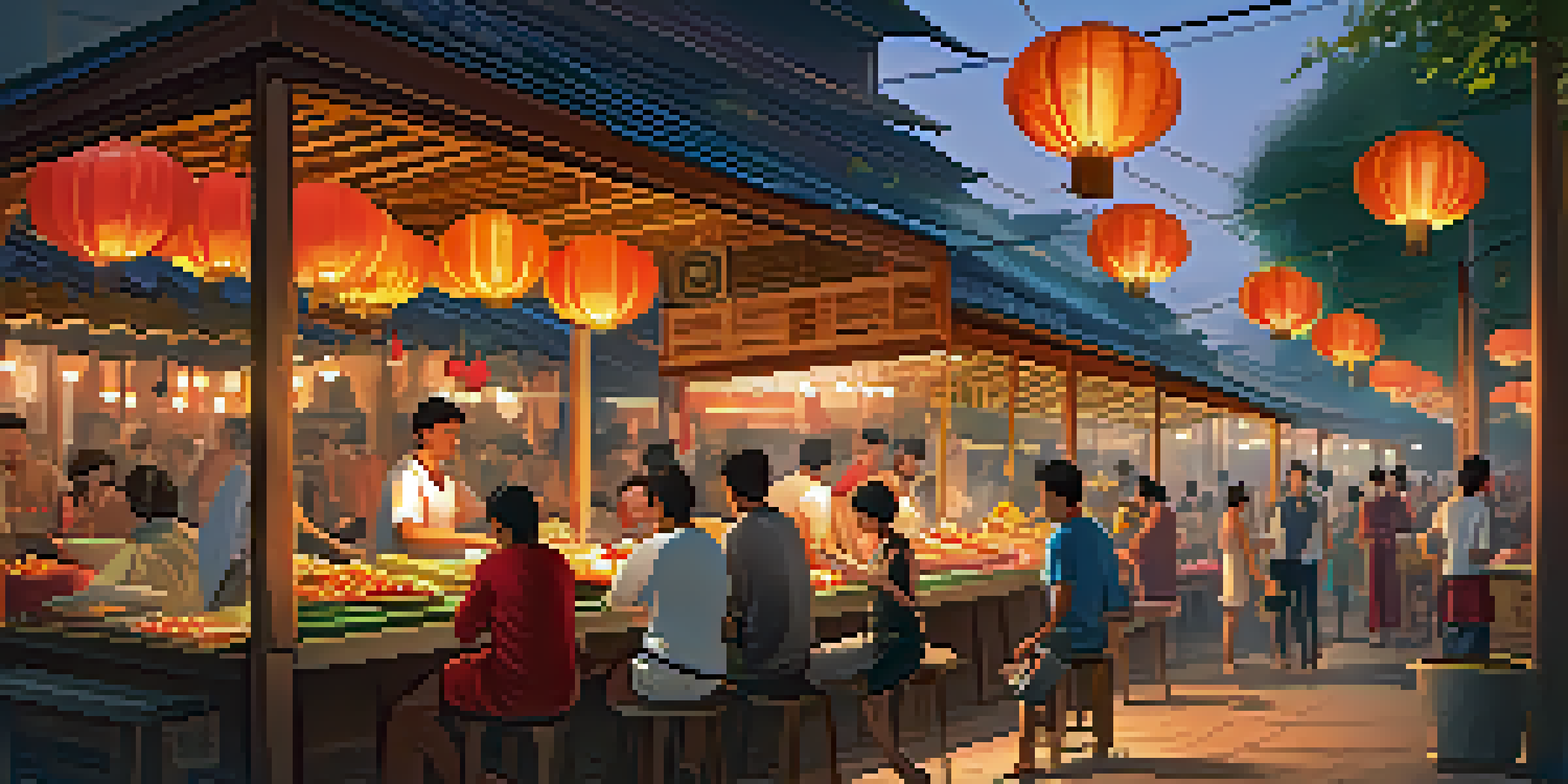 A colorful Thai street food market at dusk, filled with various food stalls and people enjoying their meals, surrounded by warm lighting.