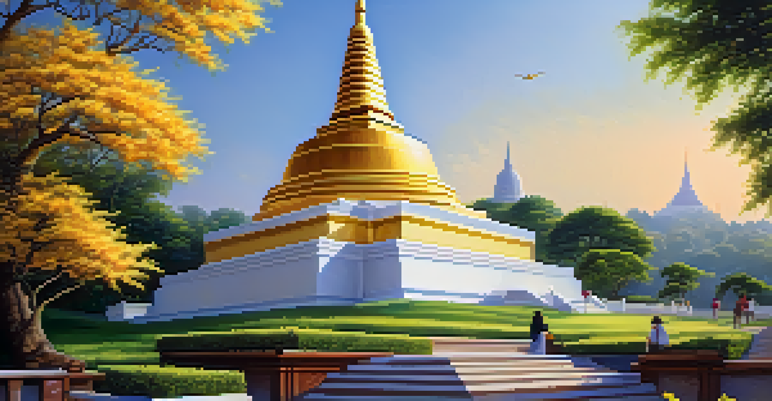 Wat Saket with its golden stupa and lush gardens, set in the early morning light with visitors climbing the steps.
