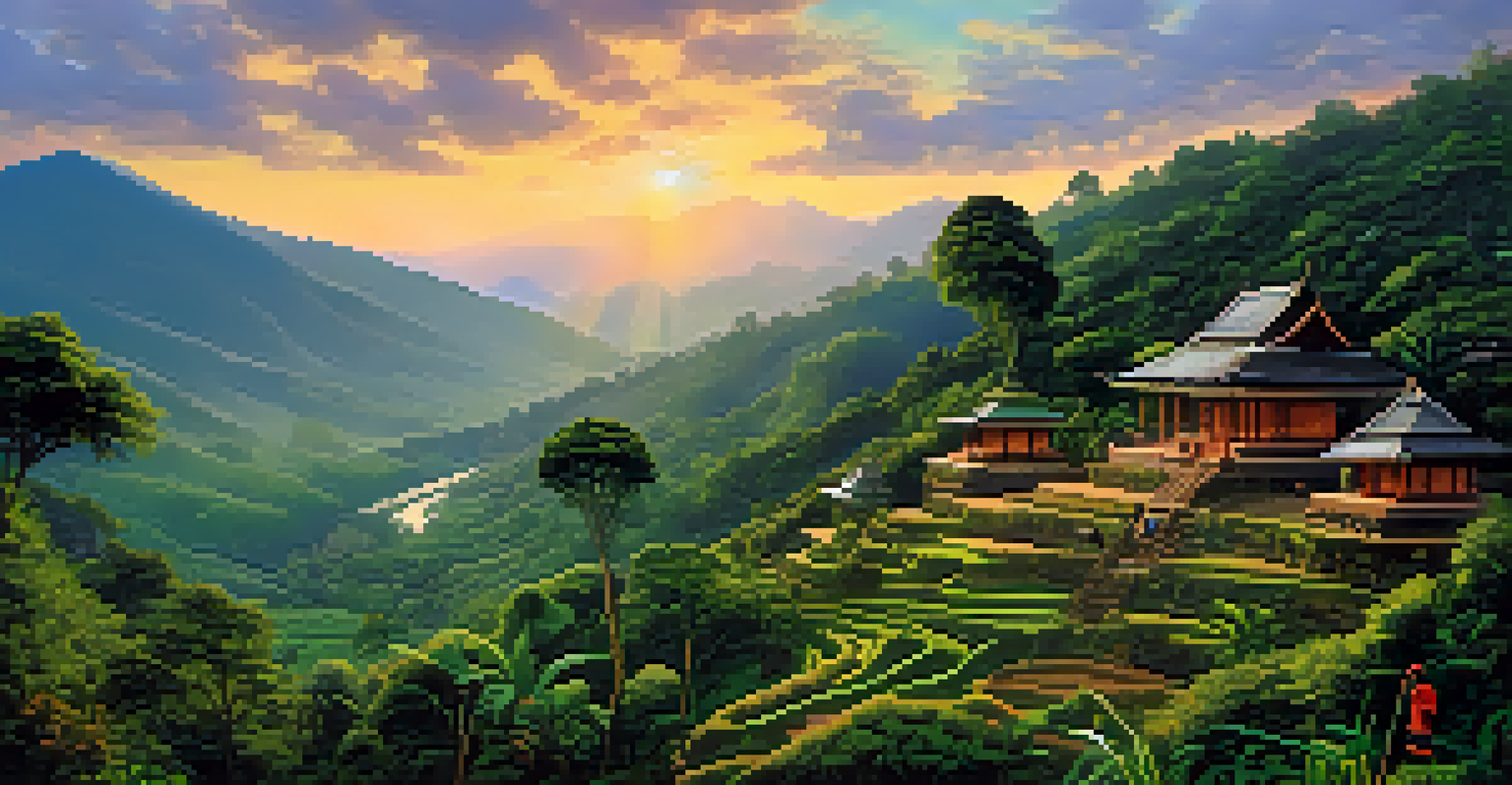 A picturesque view of Doi Inthanon National Park with lush hills, waterfalls, and local villagers at sunset.