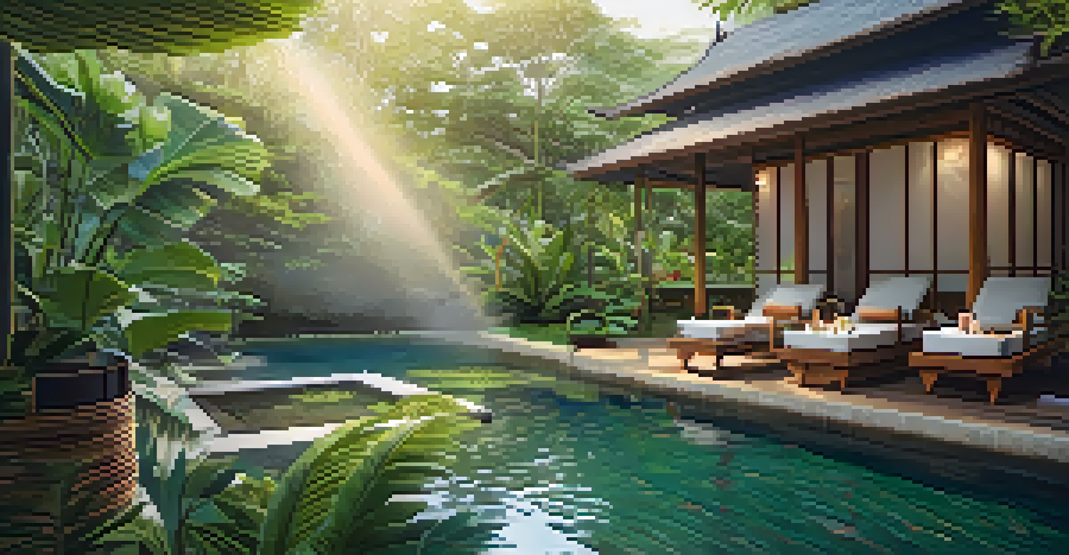 A tranquil spa garden in Koh Phangan with tropical plants, a herbal steam bath, and comfortable seating areas.