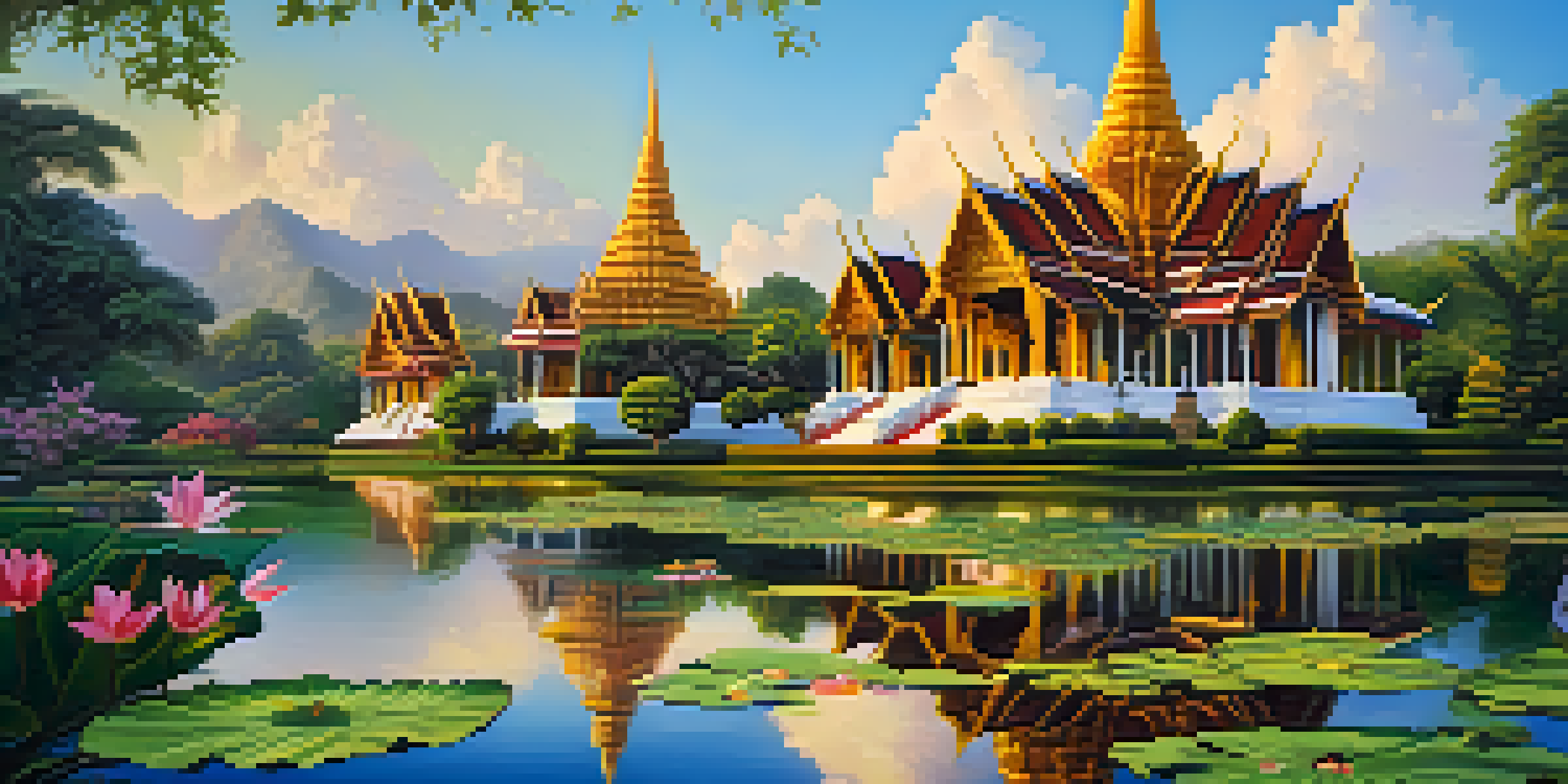 A traditional Thai temple with intricate roofs and vibrant colors, surrounded by greenery and a pond, illuminated by sunset light.