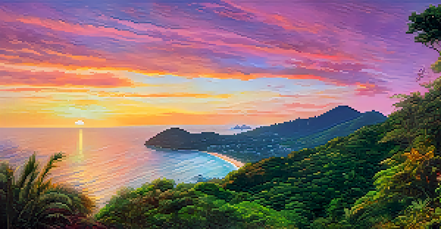 A scenic view from Promthep Cape in Phuket at sunset, with vibrant skies and a lush trail leading to the ocean.