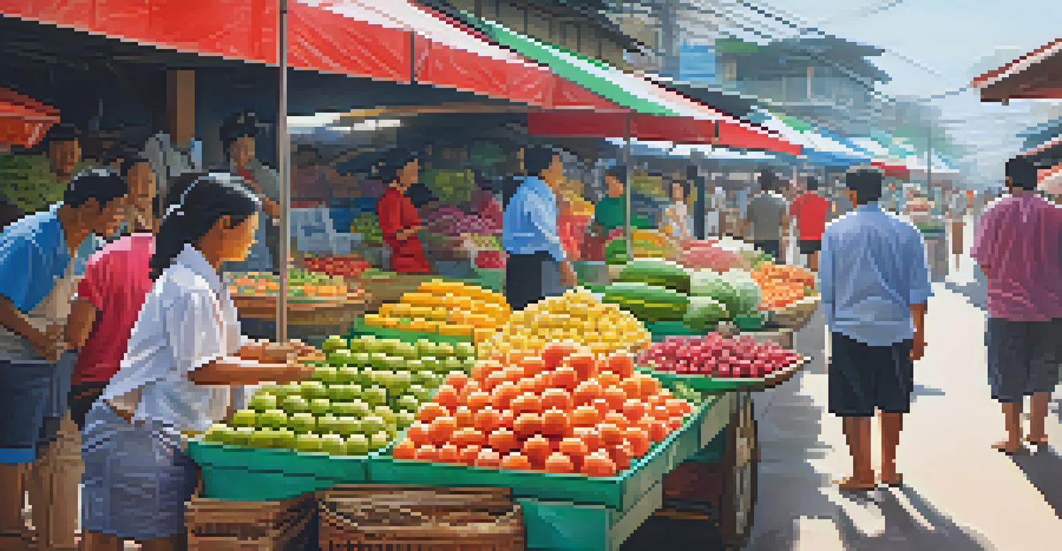 A bustling market in Thailand, featuring stalls with fresh fruits like watermelon and bananas, and people shopping.