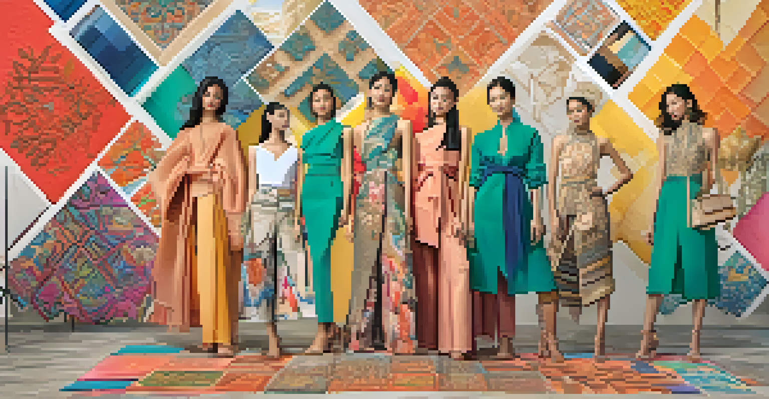 A dynamic collage showcasing sustainable fashion designs from Thailand, featuring traditional motifs and modern aesthetics with hashtags.
