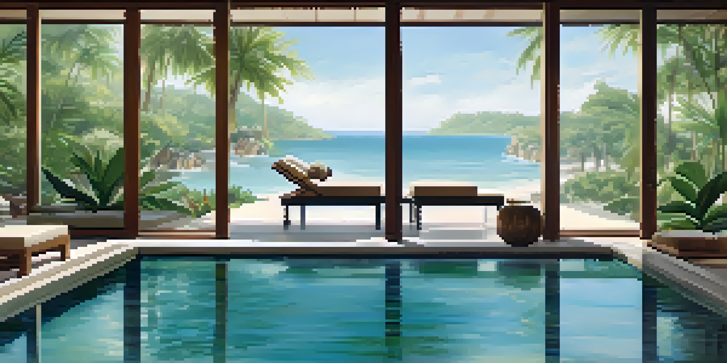 A peaceful spa environment with gardens and ocean views, highlighting a treatment room bathed in soft natural light.