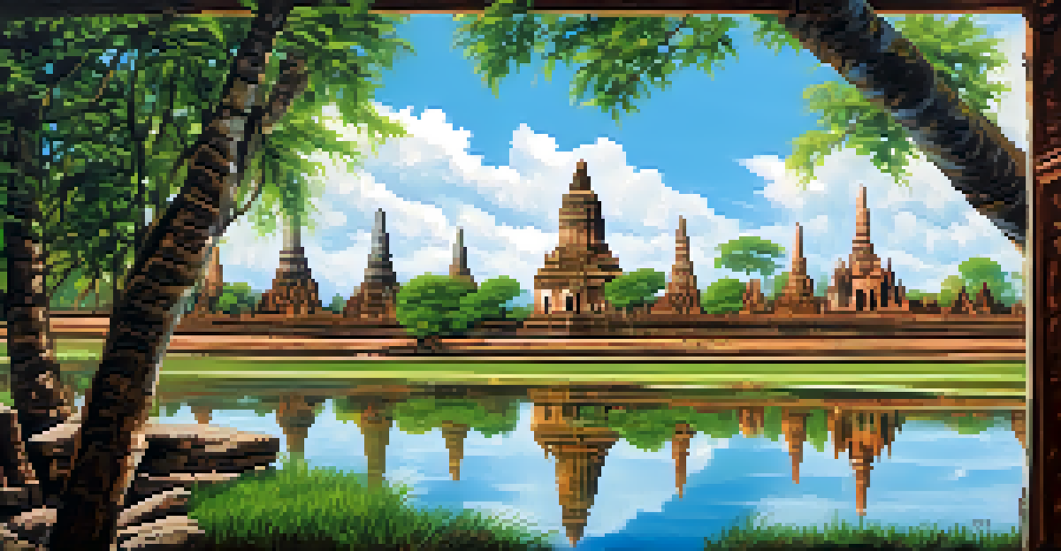 A view of the ancient ruins of Ayutthaya from a train window, with temple structures and greenery reflected in the water.