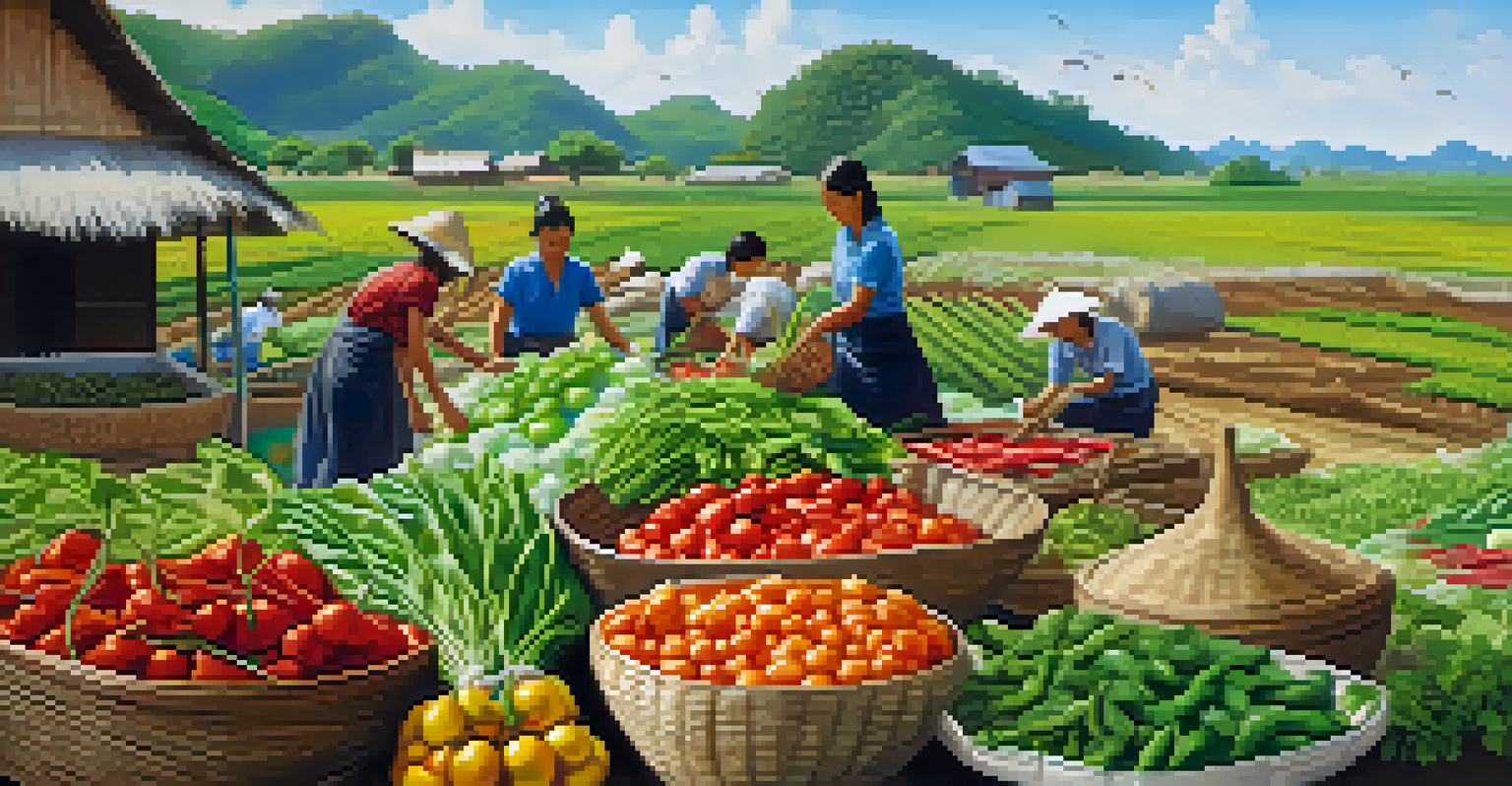 A picturesque Thai community farm with farmers harvesting vegetables, showcasing a basket of organic produce in the foreground under a clear sky.
