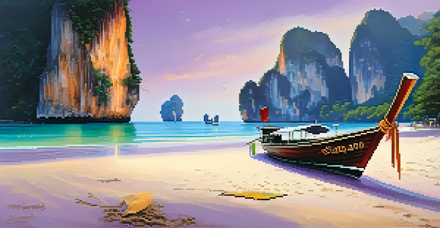 A scenic sunset at Railay Beach in Southern Thailand, showcasing vibrant colors in the sky and tranquil waters.