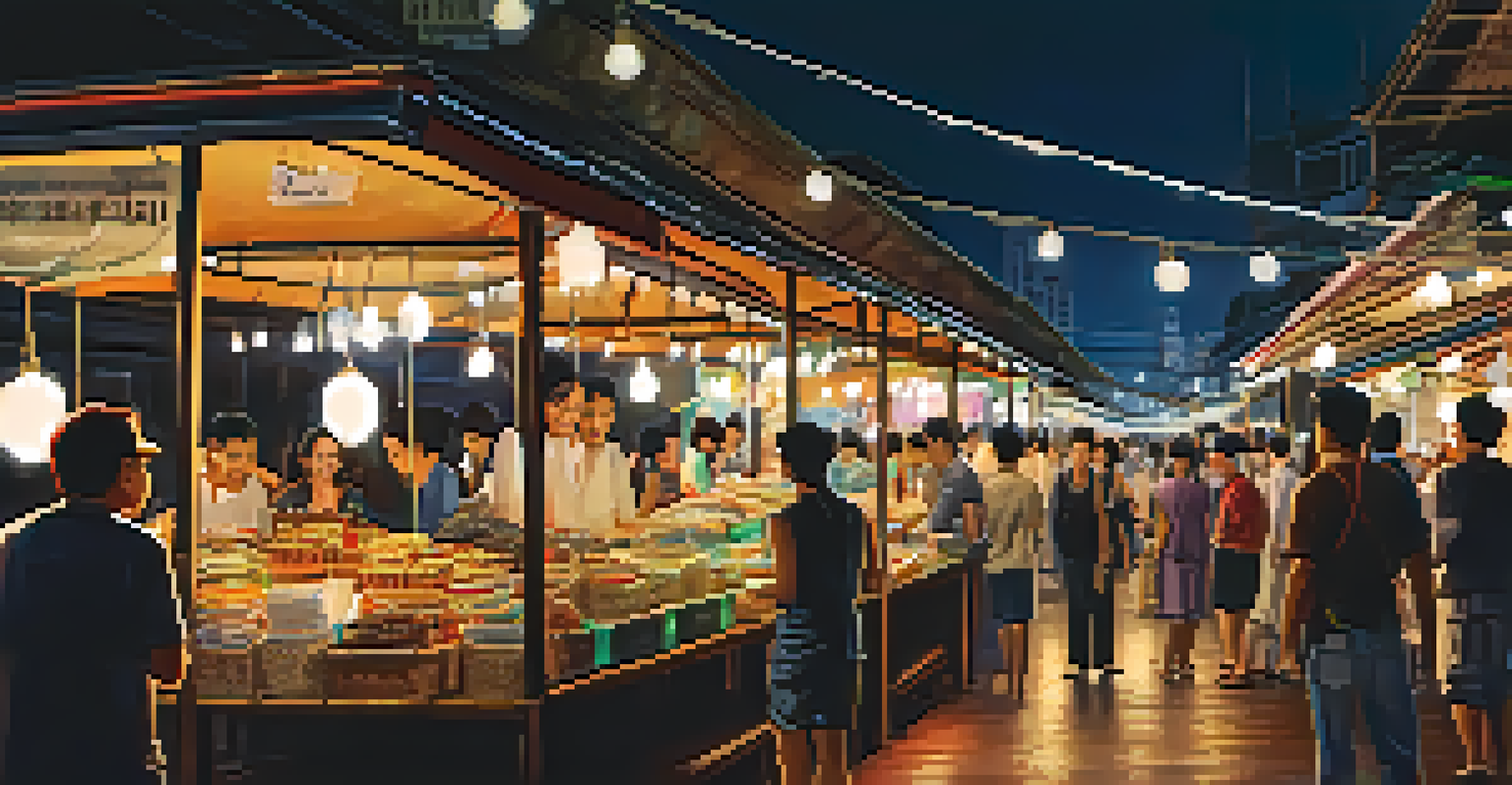 A night market scene with vintage antiques and colorful lights in Bangkok, Thailand.
