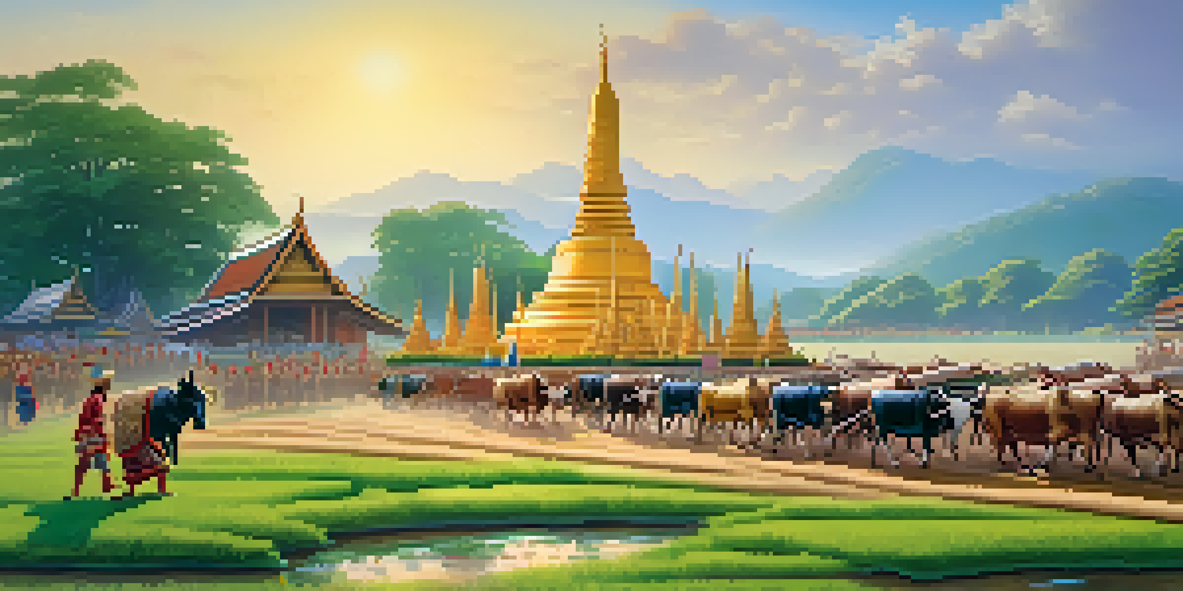The Royal Ploughing Ceremony in Thailand, with sacred oxen pulling a royal plough, surrounded by people in traditional attire and offerings of rice and fruits.