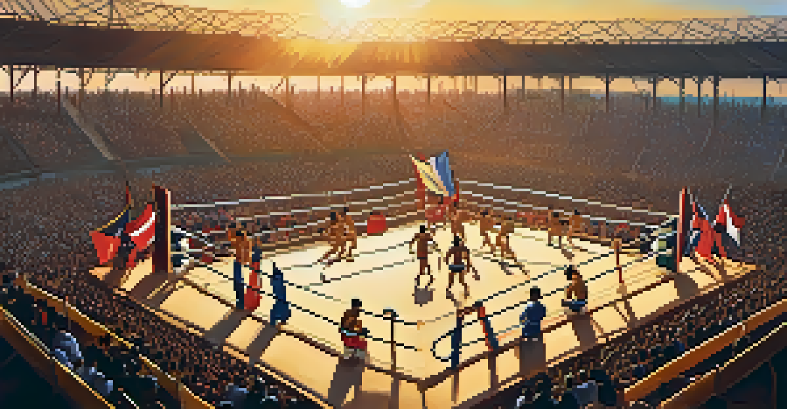 Aerial view of a Muay Thai competition in an outdoor arena with a lively crowd and sunset lighting.