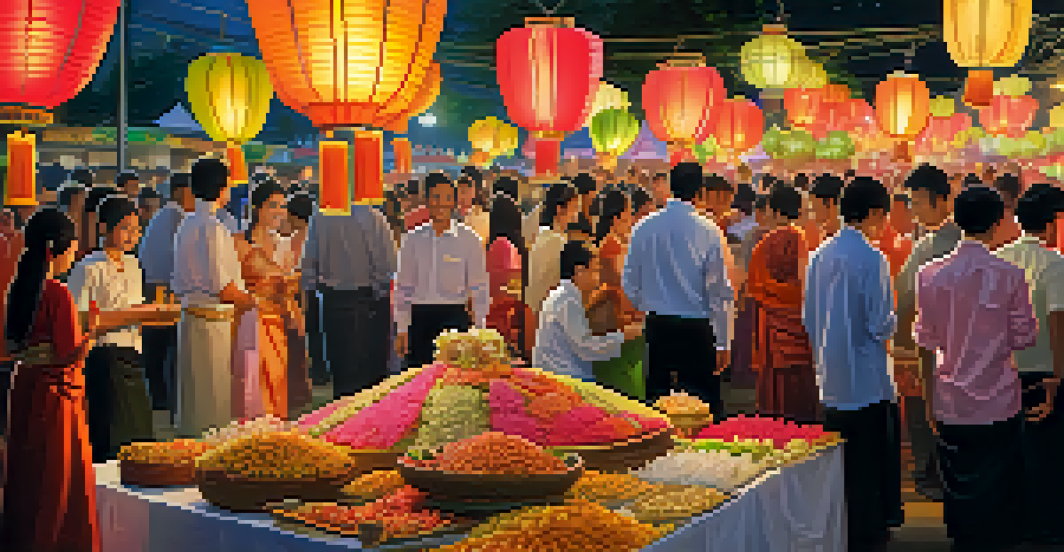 A vibrant Thai festival scene with lanterns, traditional attire, and celebratory decorations.